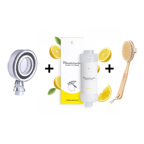 citrinu Vitaminizuotas dušo filtras – Citrinų aromato + Aukšto slėgio dušo galvutė dovanų + Sauso šveitimo kūno šepetys - Image 1